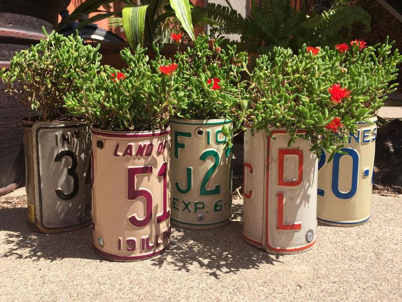 license plate bent into a cylinder shape with flowers planted inside 