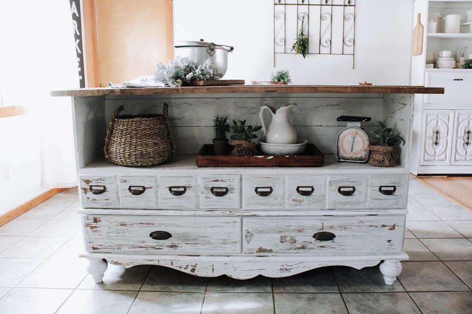 repurpose dresser into kitchen island with bar top