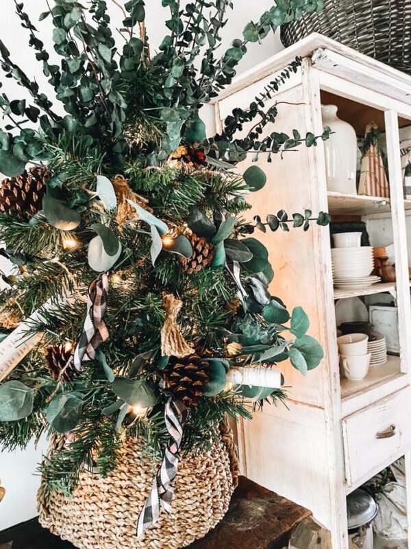 vintage shelf styled with christmas tree