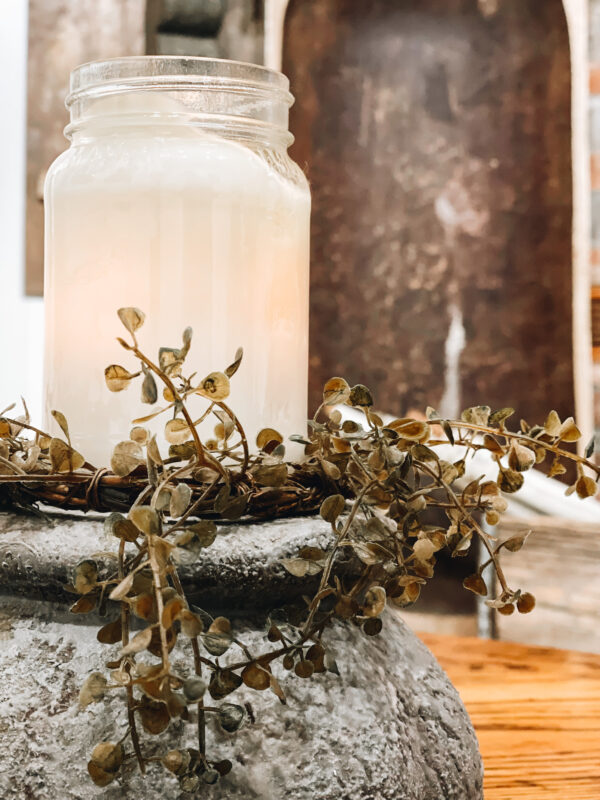 farmhouse decor makeover with greenery and mason jar candle