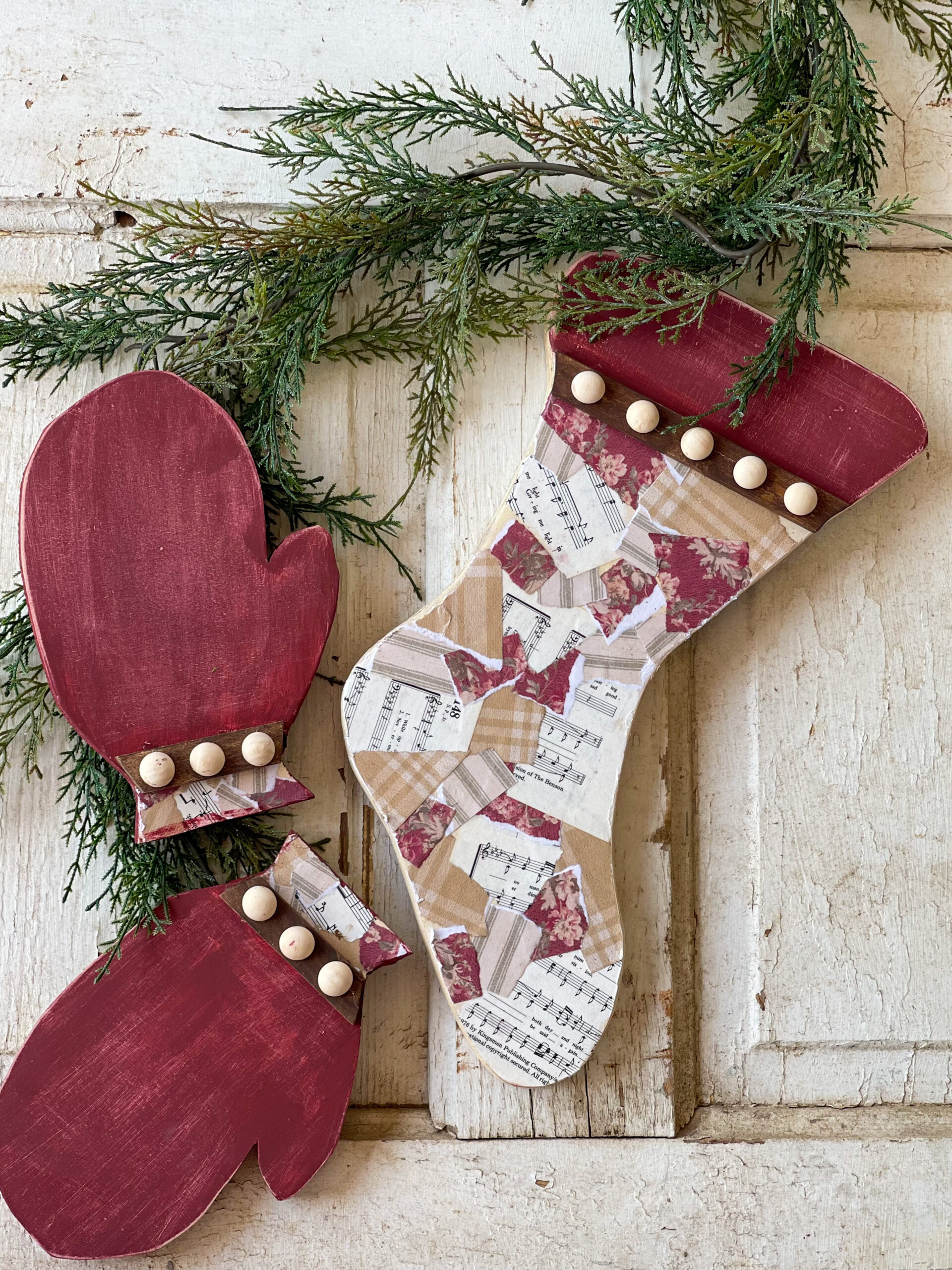 scrap wood mittens and stocking for diy christmas decor