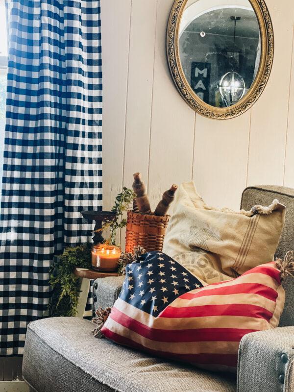 patriotic pillow from dollar tree chair cover styled in rustic home