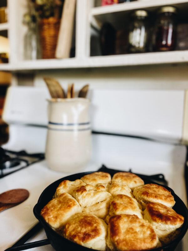 fluffy biscuits in cast iron with browned tops