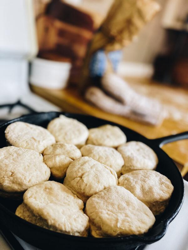biscuit dough in cast iron skillet